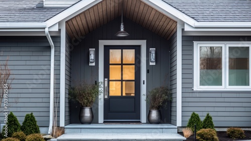 A grey modern farmhouse front door with a covered porch, wood front door with glass window, and grey vinyl and wood siding. © haizah