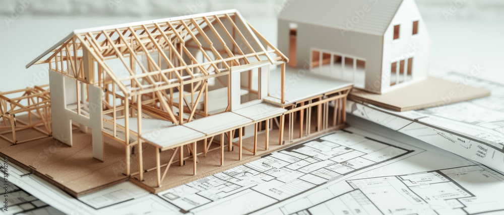 Fototapeta premium Detailed architectural model displaying the framework of a house, illustrating the intricate planning stage of construction