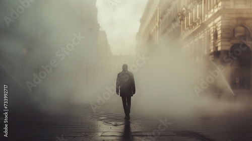 A fair skinned european 20 year old brunette guy in a foggy city. A man walks among the fog.