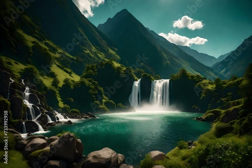 A picturesque view of cascading waterfalls surrounded by rich, green landscapes and towering mountain peaks.