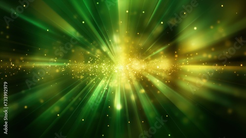 Asymmetric green light burst, abstract beautiful rays of lights on dark green background with the color of green and yellow, golden green sparkling backdrop with