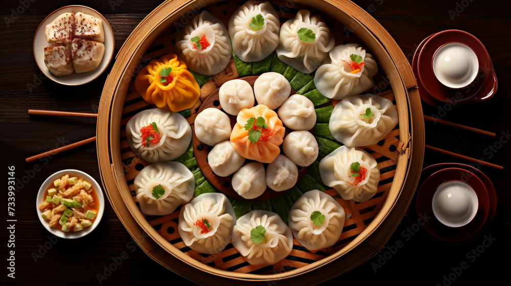 A platter of dim sum, featuring an assortment of steamed dumplings and buns, showcasing the diversity of flavors in Chinese cuisine. -