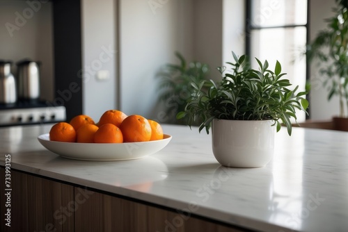 minimalistic kitchen interior details. Stylish white quartz countertop with potted plant and oranges