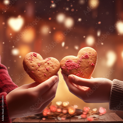 exchanging heart-shaped cookies, with a romantic soft-focus background
