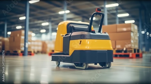 Automated Guided Vehicle in Industrial Environment. Autonomous AGV Transports Battery Pack on EV Production Line on Advanced Smart Factory. Electric Car Manufacturing