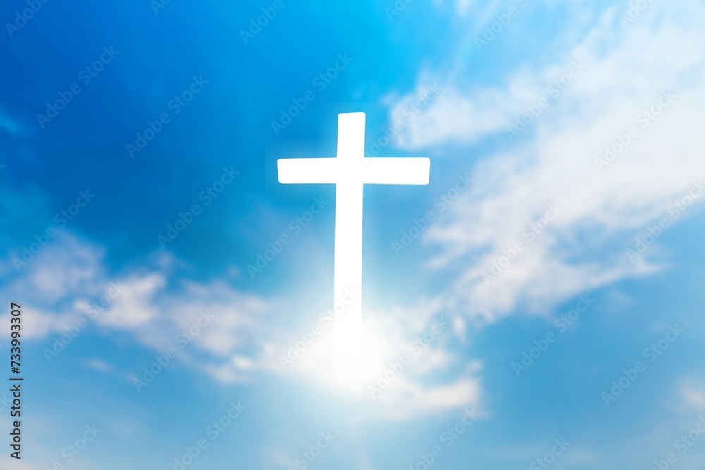 Christian light cross in the blue sky with clouds Christian light cross in the blue sky with clouds