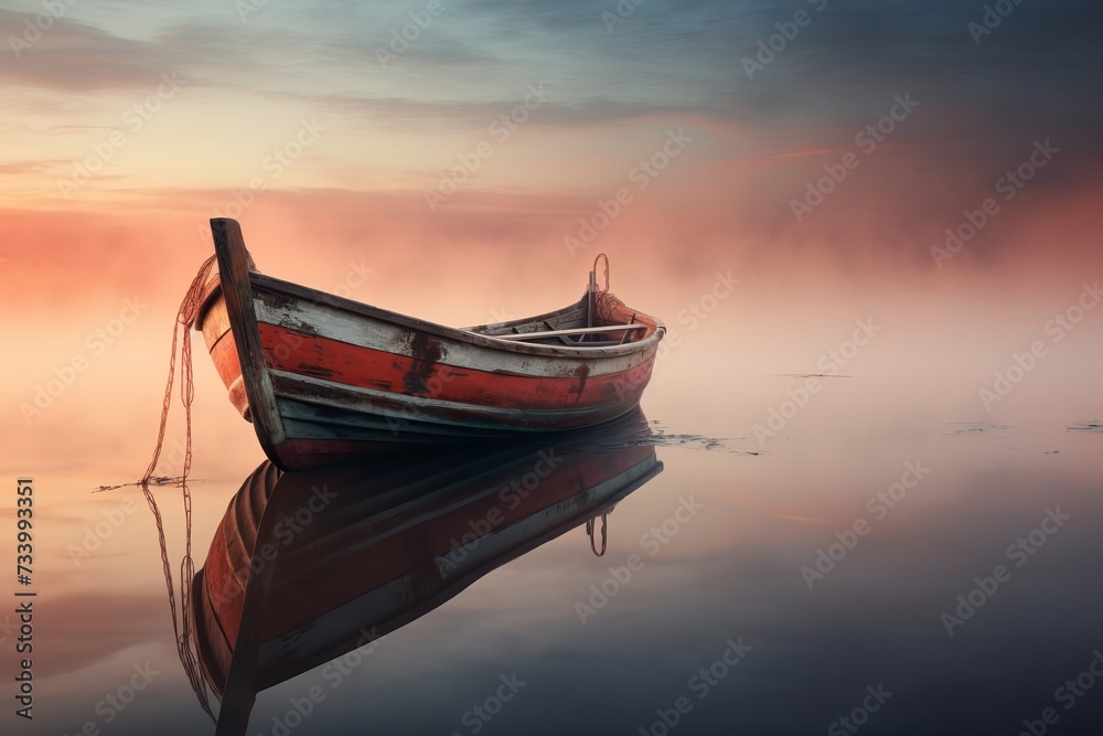 Tranquil dawn solitary wooden boat on lake reflecting peaceful nature landscape - obrazy, fototapety, plakaty 