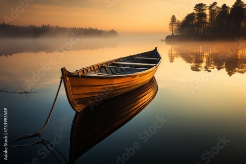 Tranquil dawn serene solitude of a wooden boat on a reflective lake amidst peaceful nature © Aliaksandra