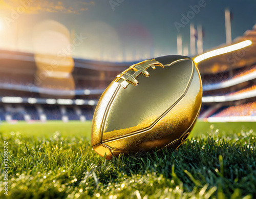 A golden american football or ball of gold lies in a soccer stadium photo