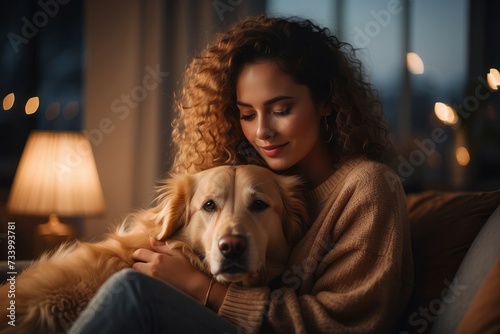 woman snuggling and hugging his dog at home, gold retriever and his owner