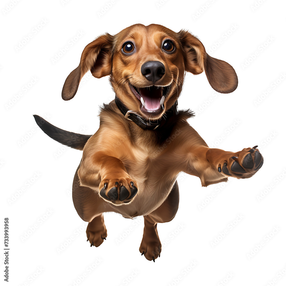 A healthy dachshund is jumping happily on a transparent background PNG.