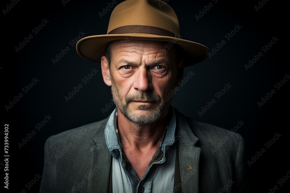 Portrait of a senior man wearing a fedora hat on a dark background. Portrait of a senior man wearing a fedora hat on a dark background.