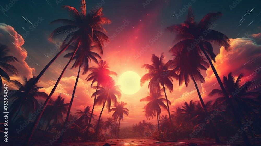 Vibrant retro wave aesthetic art collage with stunning nature view and palm trees in vivid colors