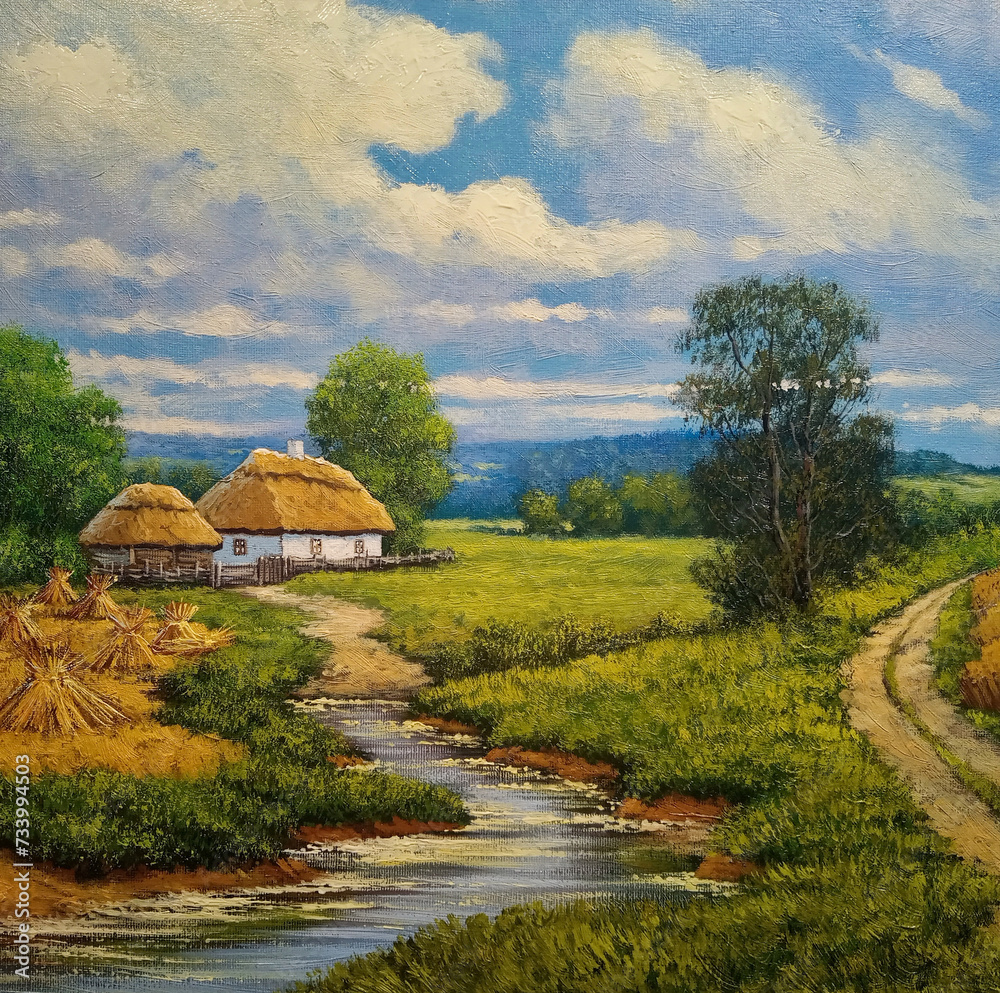 Oil paints on canvas, handmade, oil painting, background texture. Old house on the river, oil paintings rural landscape, landscape in the village of region