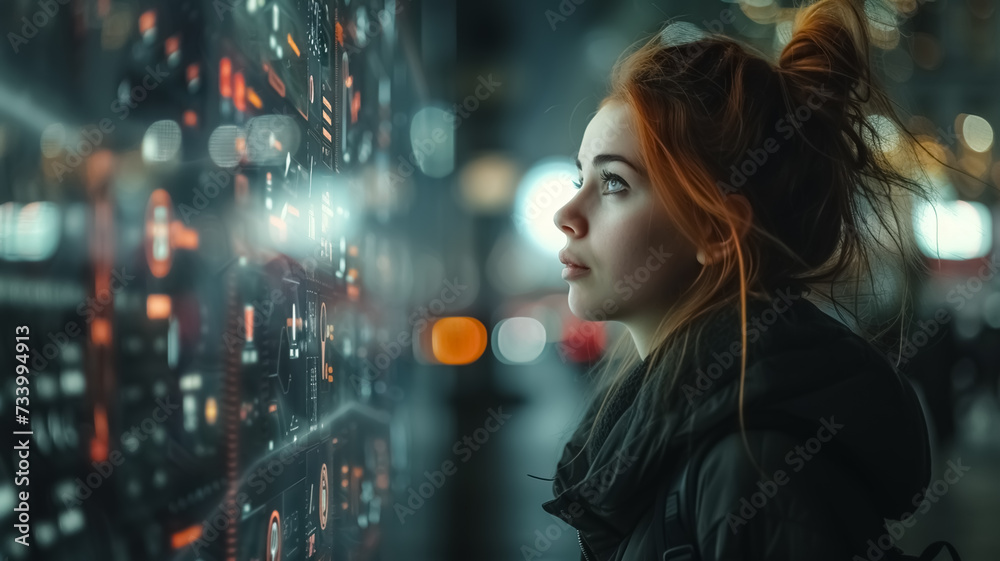 A girl standing and looking to the graphic, Meta verse, blue background, virtual reality and blockchain A girl standing and looking to the graphic, Meta verse, blue background, virtual reality and blockchain