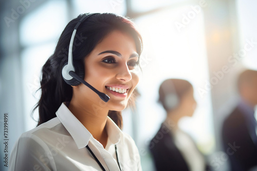 A woman with a headset provides technical support in a call center. Professional assistance available for customers.