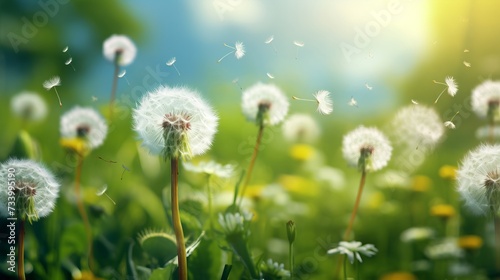 Whimsical springtime scene with delicate white dandelions dancing in the background