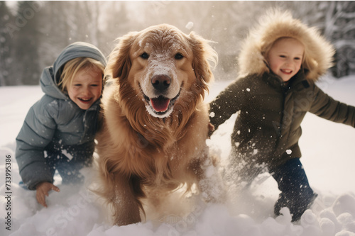 Golden retriever playing with kids