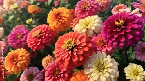 Beautiful colorful zinnia and dahlia flowers in full bloom  close up. Natural summery texture