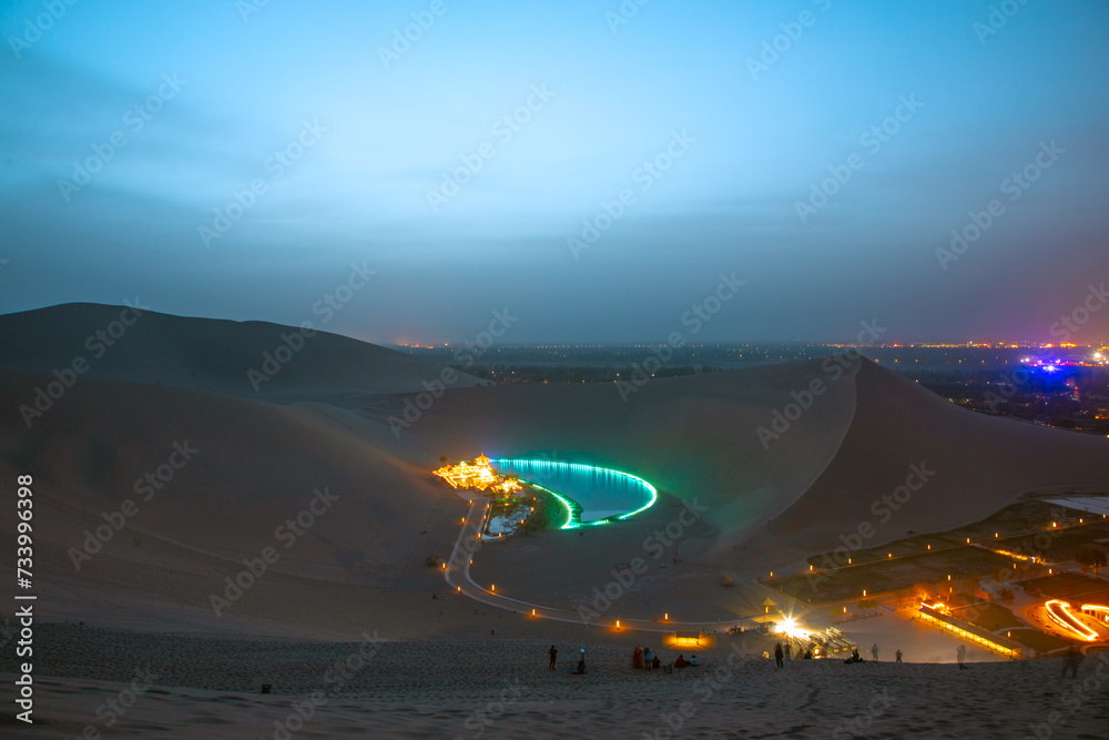 Crescent Moon Spring in Mingsha Mountain, Dunhuang City, Gansu Province - desert night scene
