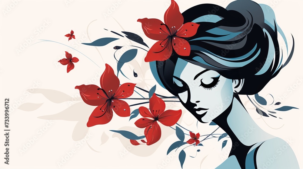 Tender woman silhouette with red flowers and leaves, mental health and self attitude concept Tender woman silhouette with red flowers and leaves, mental health and self attitude concept