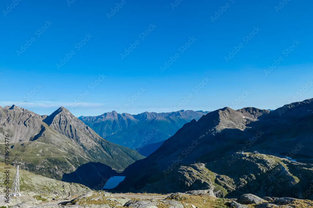 Scenic aerial view of Moelltaler Gletscher in summer seen from cottage Duisburger Huette in High Tauern mountain range, Carinthia Salzburg, Austria. Idyllic hiking trail Goldberg group, Austrian Alps