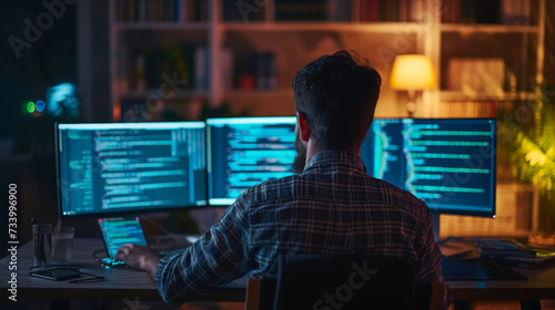 Computer engineer coding in a dark room with multiple monitors.