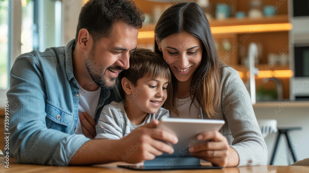 Family discussing digital gold investment goals on tablet. Family discussing digital gold investment goals on tablet.
