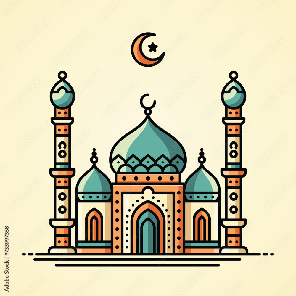 A vibrant illustration of a mosque with line art style and flat color, perfect for Ramadan, Eid, and Islamic event.