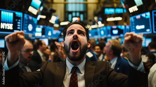 Traders in a chaotic exchange floor with high investment risk photo