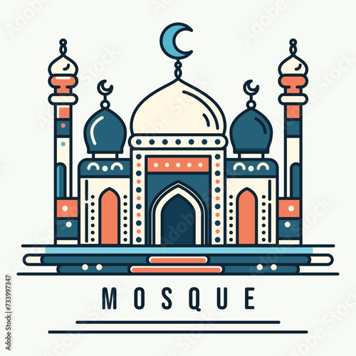 A vibrant illustration of a mosque with line art style and flat color, perfect for Ramadan, Eid, and Islamic event.