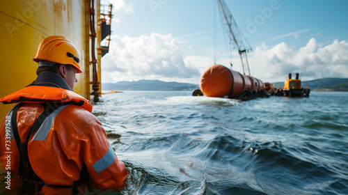 Ocean renewable energy device installation by nautical engineer with tidal turbine.