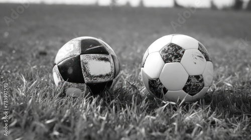 Black and white soccer and football ball in the field. Horizontal sport theme poster.