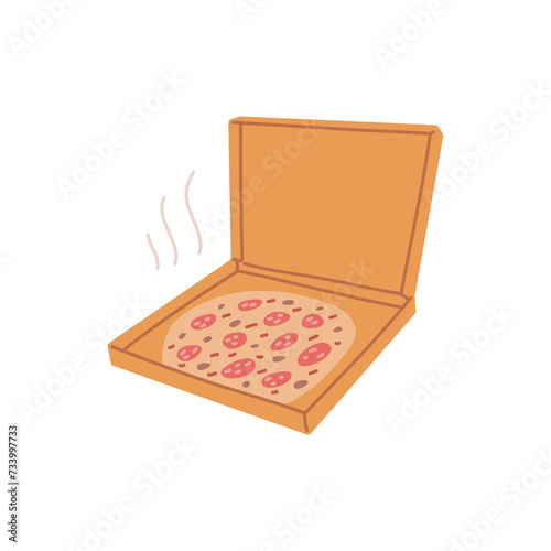 Whole Pizza in an open card box, vector opened pizza fast food takeaway packaging with smoke, pepperoni delivery