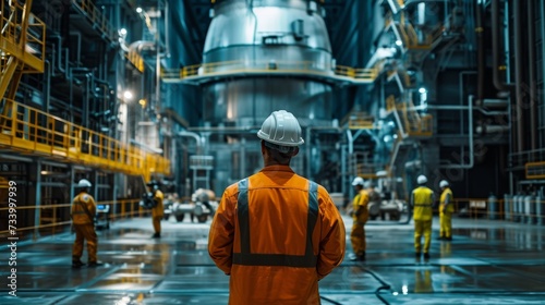 Nuclear engineer supervising fuel loading into reactor core with staff and cranes photo