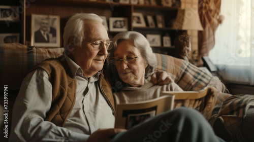 Happy couple in their retirement home with pictures and memorabilia of their prosperous and adventurous life. photo