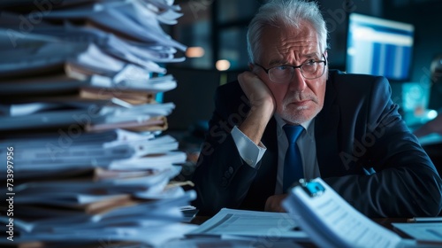 Retirement fund manager contemplating investment portfolios with financial data photo