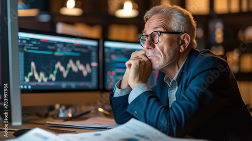 Retirement fund manager analyzing financial data and investment portfolios