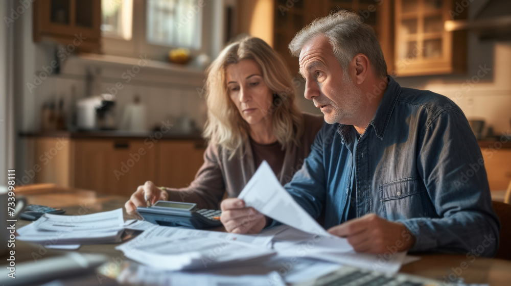 Couple with financial documents and calculators on a table, worried about their investment outcomes.