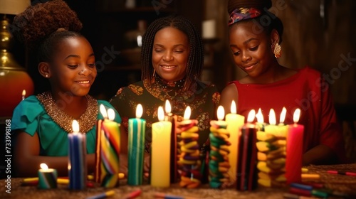 Black three generation family lightning Mishumaa Saba, seven colorful candles for Kwanzaa celebration. generate AI photo