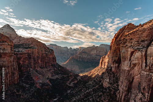 Panoramic aerial view from Zion National Park Canyon Overlook, Utah, USA. Tranquil atmosphere in wilderness. Uninhabited canyon with majestic rock formations and steep cliffs. Mount Carmel highway © navintar