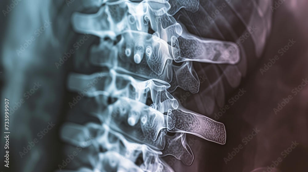 Spinal fusion with instrumentation an X-ray illustration of the spine with metal implants - obrazy, fototapety, plakaty 