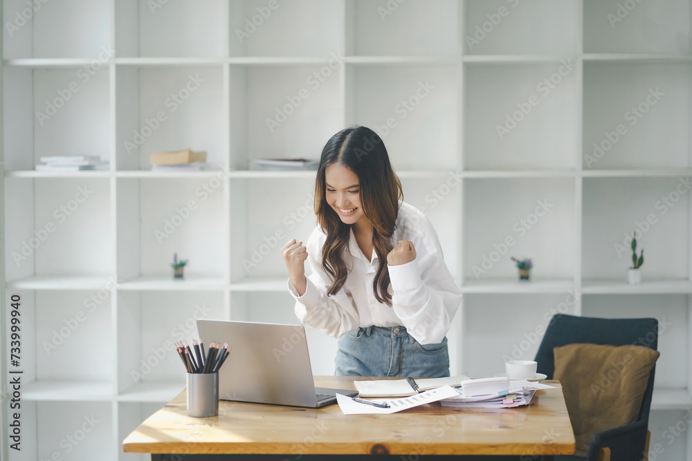 Beautiful young concentrated business woman wearing shirt using laptop while standing in modern workspace Beautiful young concentrated business woman wearing shirt using laptop while standing in modern workspace