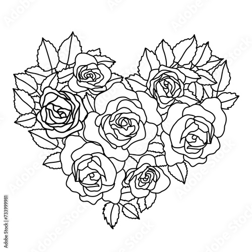 Line art of a heart for coloring pages, cards, books - rose
