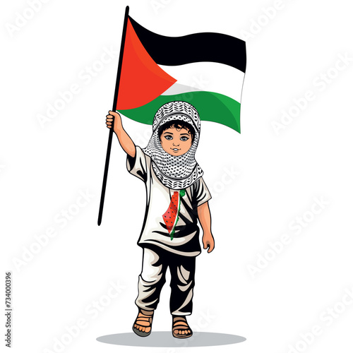 Child from Gaza, little Boy with Keffiyeh and holding a Palestinian Flag symbol of freedom illustration isolated on White © BluedarkArt