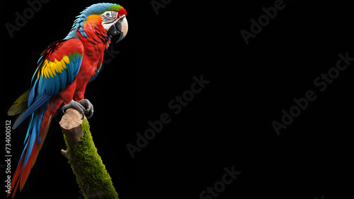 full-body portrait of an attractive macaw bird isolated on a solid black background