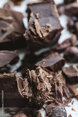 Cocoa beans with chocolate on a white background. Shalllow dof.