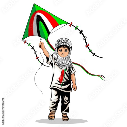 Child from Gaza, little Boy with Keffiyeh and holding flying kite symbol of freedom Vector illustration isolated on White  © BluedarkArt