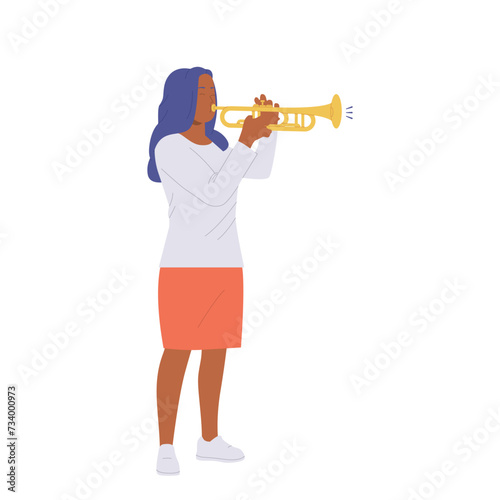 Isolated young woman jazz or classic musician cartoon character playing trumpet wind instrument