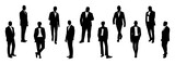 Silhouettes of diverse businessmen standing and walking full length, front and side view. Elegant men wearing formal and smart casual outfit. Vector illustration isolated on white background.